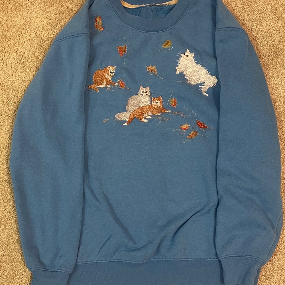 Blue Sweatshirt with Cat and Dog Embroidery
